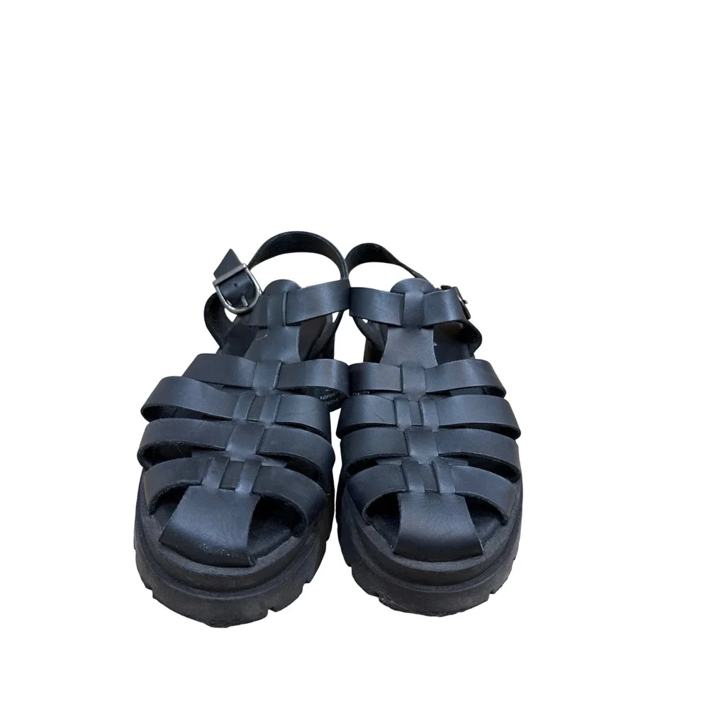 Free People Black Leather Delaney Fisherman Platform Sandals Lug Sole EU39 US9.5